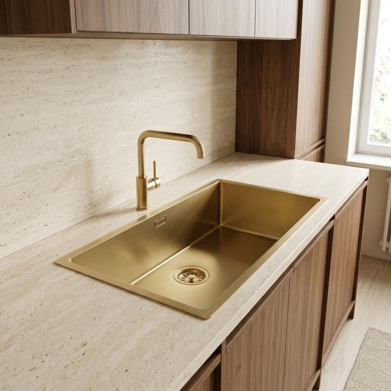 Pure.Sink Comfort grote PVD Gouden spoelbak 70x40 cm 10mm radius onderbouw, vlakinbouw en opbouw  PCM7040-60